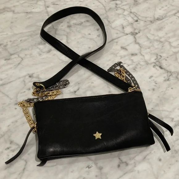 ASH Black Leather Convertible Cross Body Purse Gold Silver Chain - Picture 8 of 14